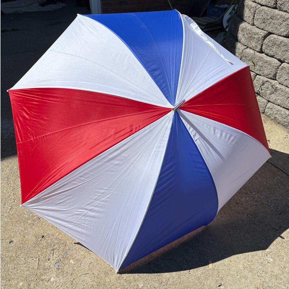 Vintage Red White Blue Golf Umbrella 40" Wood Bamboo Handle Patriotic Retro